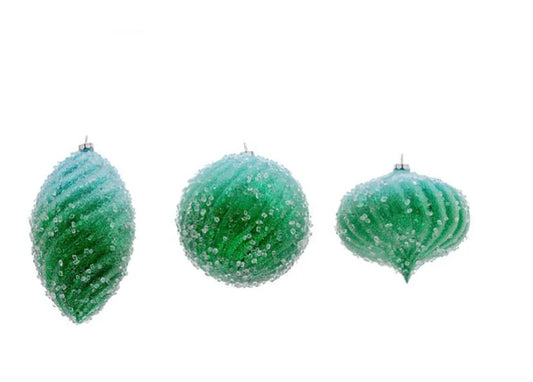 Blue and Green Ball, Finial and Onion Glass Ornaments: Set of Three