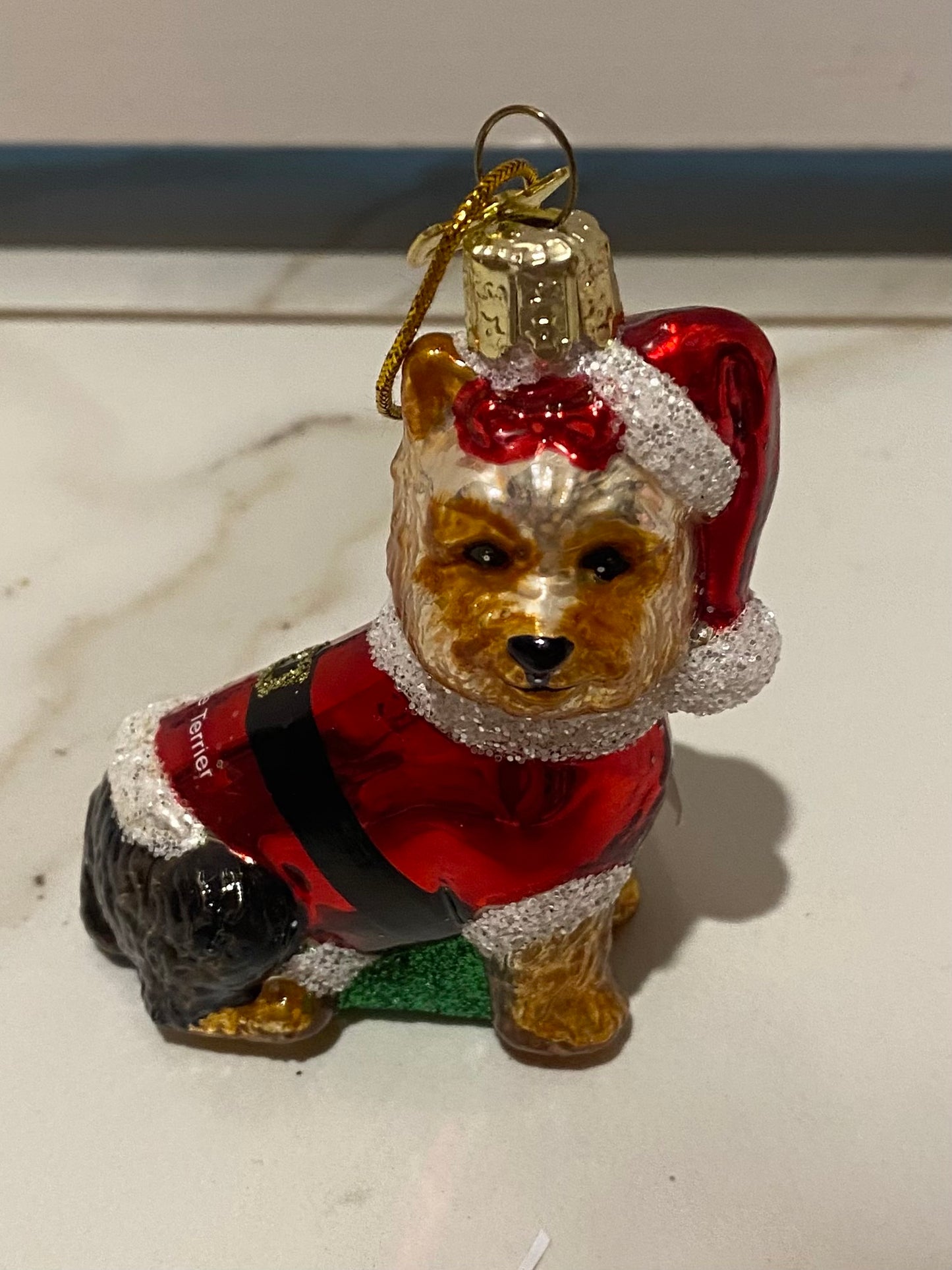 Noble Gems™ Glass Yorkshire Terrier With Santa Suit Ornament