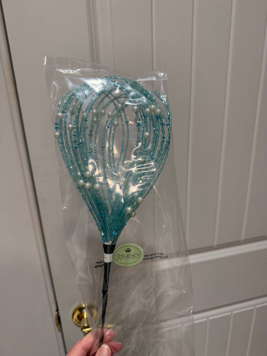 20" Iced Blue Beaded Flower Burst Stem With Pearls