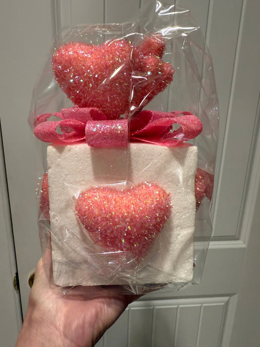 8.5" Glitter Gift Box With Hearts Package Ornament - Pink & White