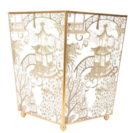 Garden Party Enameled White And Taupe Square Wastebasket
