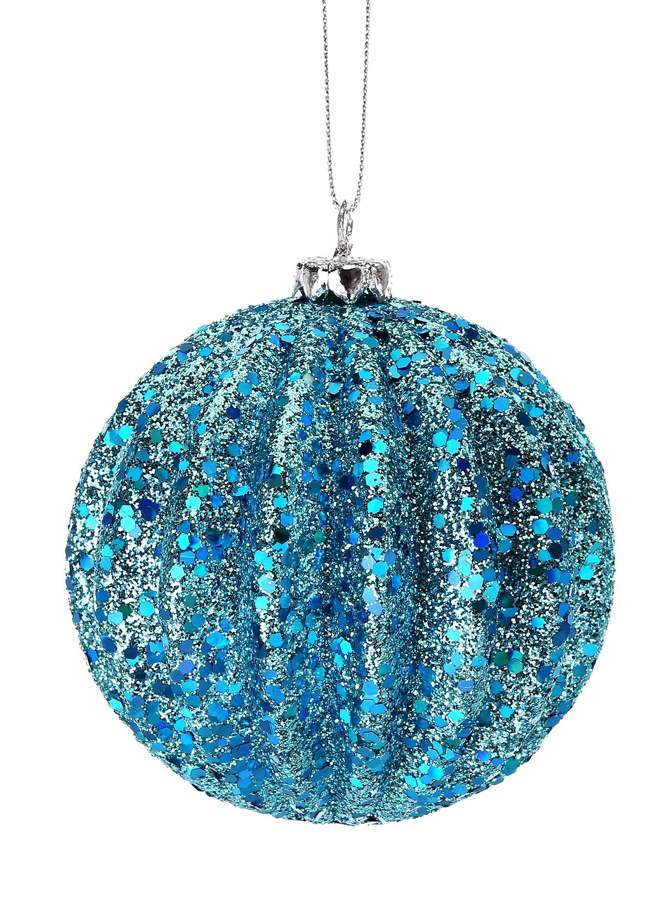4" Blue Glittered Ridged Ball Ornament