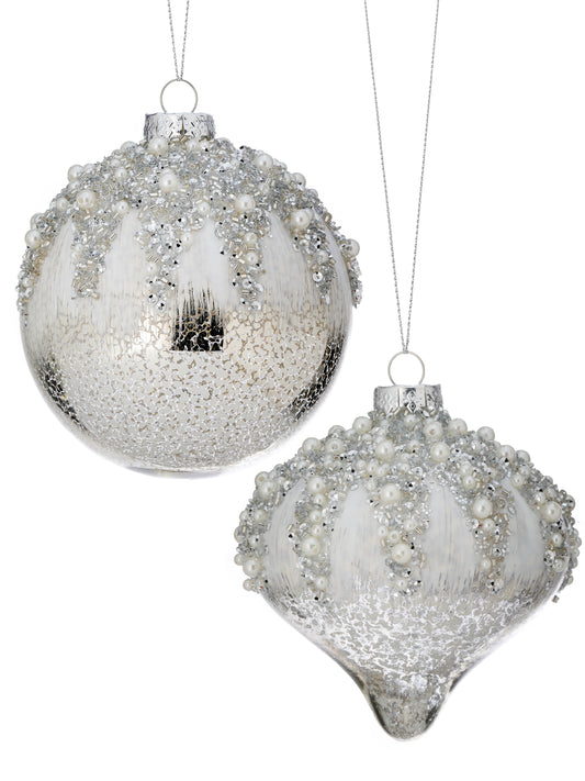4" Silvery Glass Pearl/Jewel Ornament: Ball or Finial