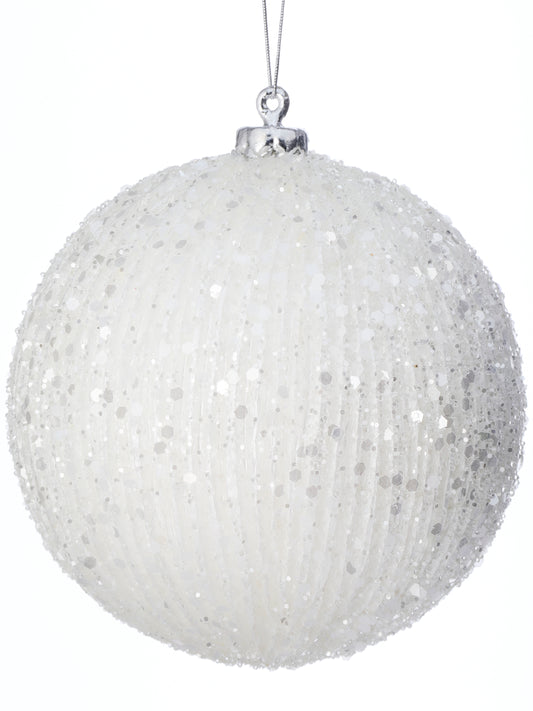 5" White Beaded Metallic Ridged Ball Ornament