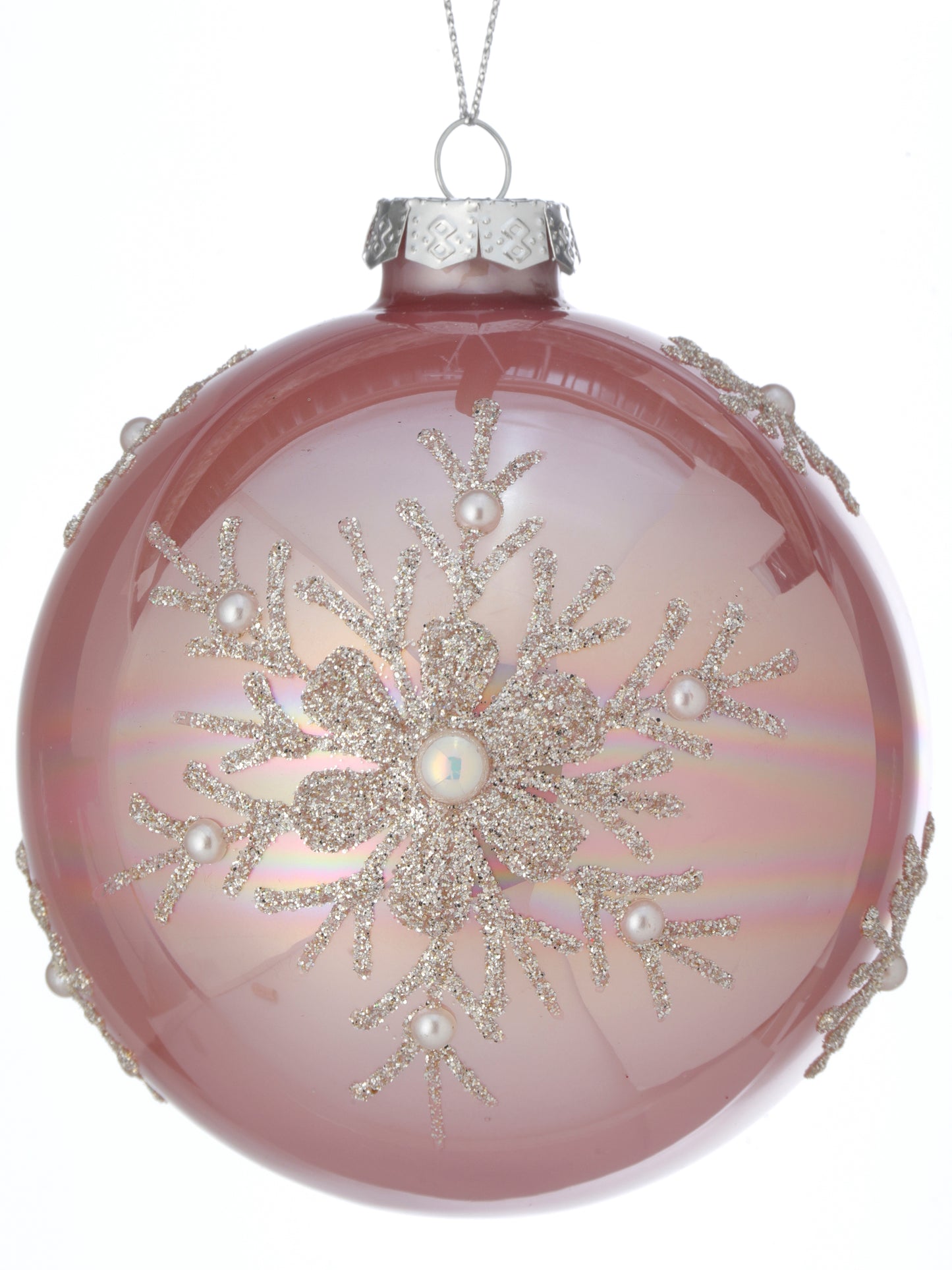 Pink Champagne Glass Bead and Pearl Snowflake Ball Ornament