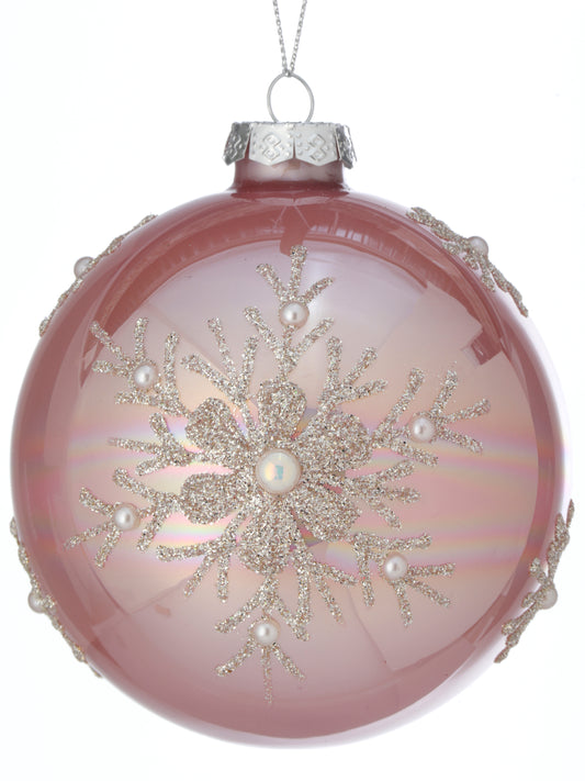 Pink Champagne Glass Bead and Pearl Snowflake Ball Ornament: Set of 4