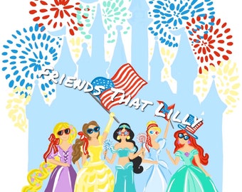 Beach Towel: Patriotic Princesses w/ Fireworks Design