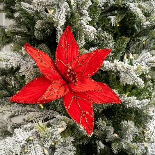 Red Glitter Veined Velvet Poinsettia Stem