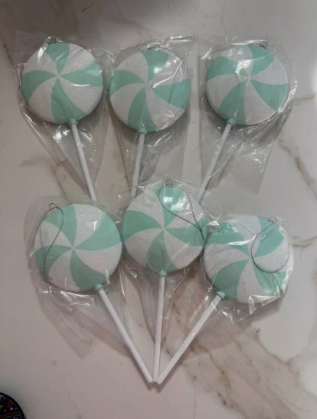 9" Seafoam And White Flat Lollipop Ornament: Set of Six