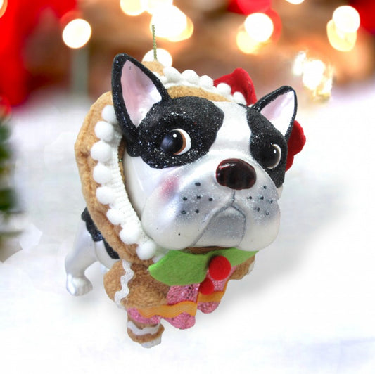 Glass Bulldog In Gingerbread Outfit Ornament