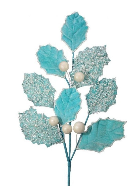 Aqua Blue Velvet And Pearls Leaf Spray