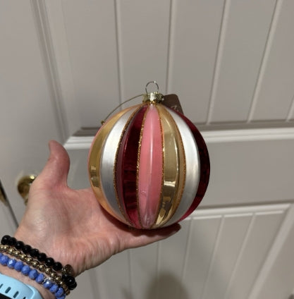 5" Shades of Pink Ribbed Glass Ball Ornament