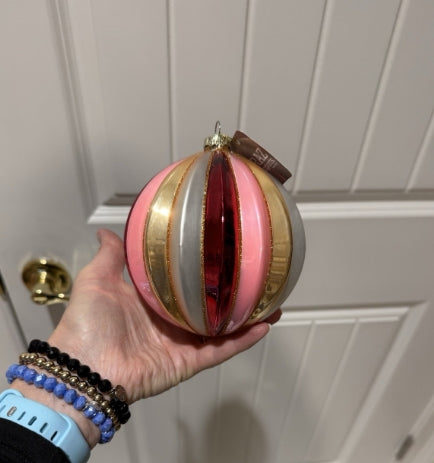 5" Shades of Pink Ribbed Glass Ball Ornament