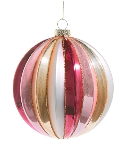 5" Shades of Pink Ribbed Glass Ball Ornament