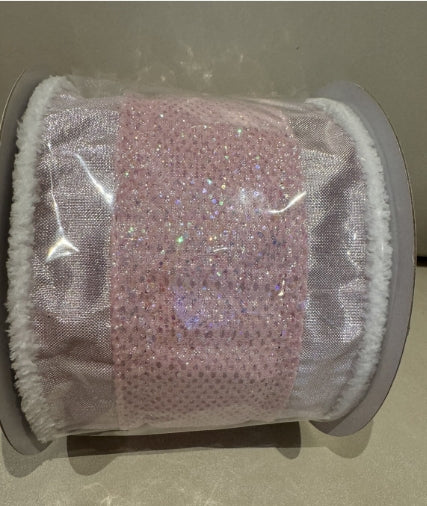 Glitter Mesh Metallic Wired Pink Ribbon 4”x 10Y