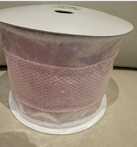 Glitter Mesh Metallic Wired Pink Ribbon 4”x 10Y
