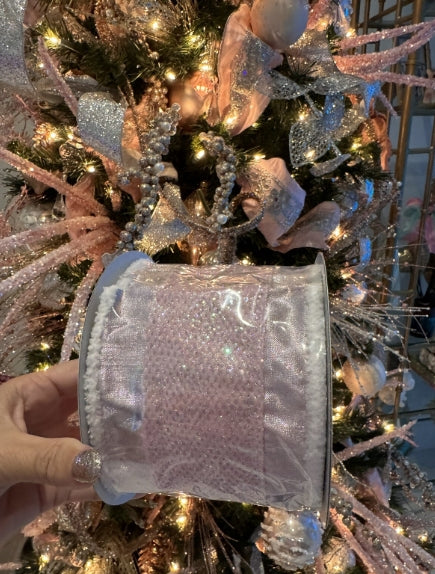 Glitter Mesh Metallic Wired Pink Ribbon 4”x 10Y