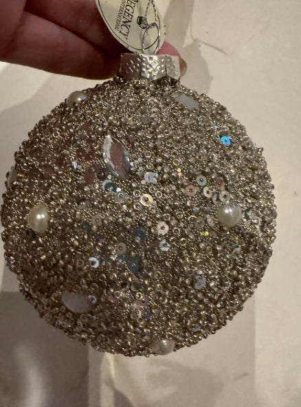 Glass Pearl And Jewel Ball Ornament Lot Of 3 High Quality Silver Sparkle 4”
