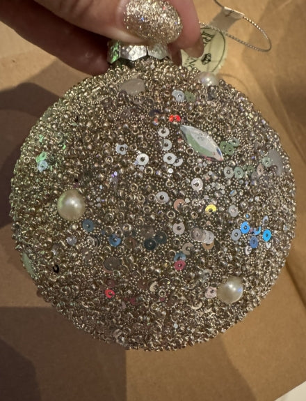 Glass Pearl And Jewel Ball Ornament Lot Of 3 High Quality Silver Sparkle 4”