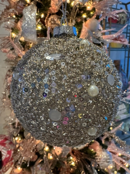 Glass Pearl And Jewel Ball Ornament Lot Of 3 High Quality Silver Sparkle 4”