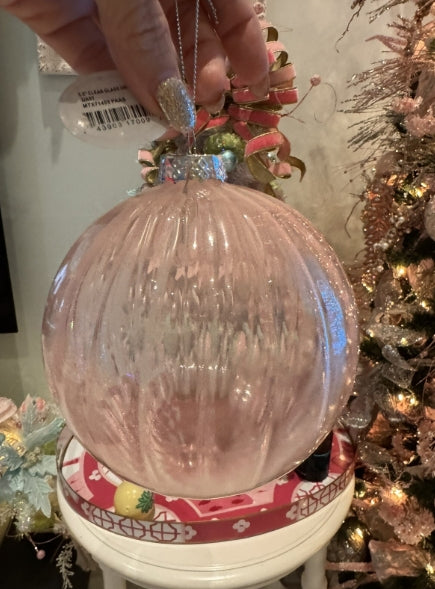 Pink Clear Glass 5.5” Ornament Large Lot Of 2
