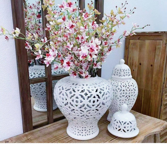 Hand Carved Lattice Pierced Ceramic Temple Ginger Jar 19.5"