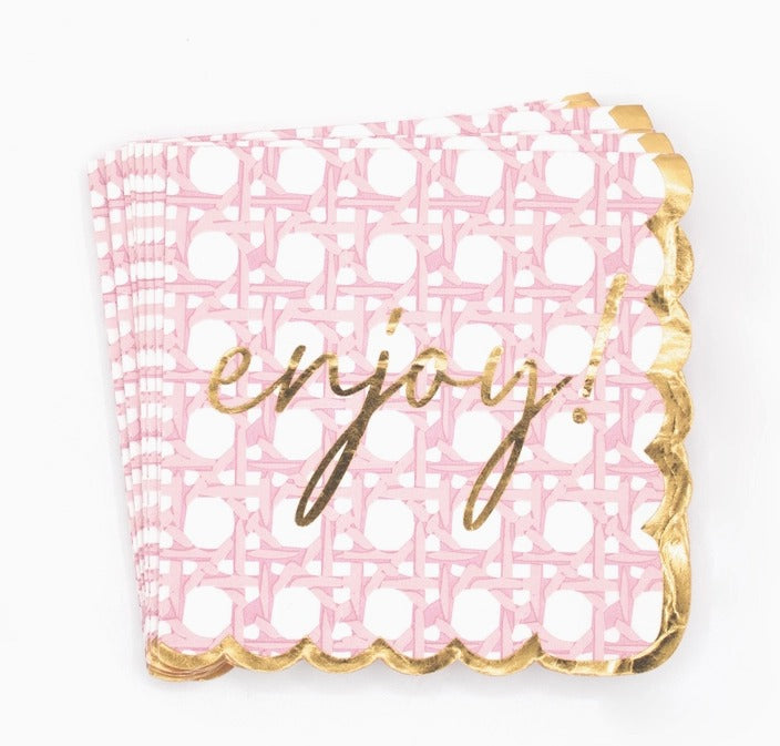 16 pc Pink Cane Paper Beverage Napkin Pack-"Enjoy"