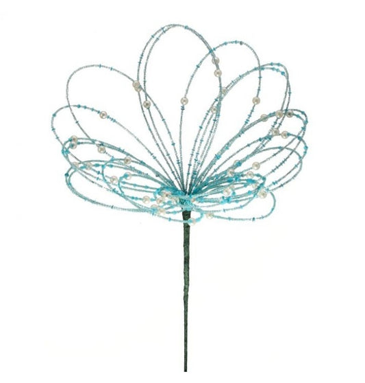 20" Iced Blue Beaded Flower Burst Stem With Pearls