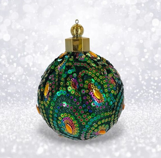 Sequin & Gemstone Peacock Christmas Beaded Glitter Ball Ornaments: Set of Three