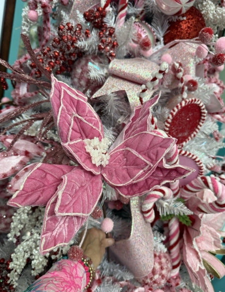 22" Pink Glitter Trim Poinsettia Stem-Set of Four