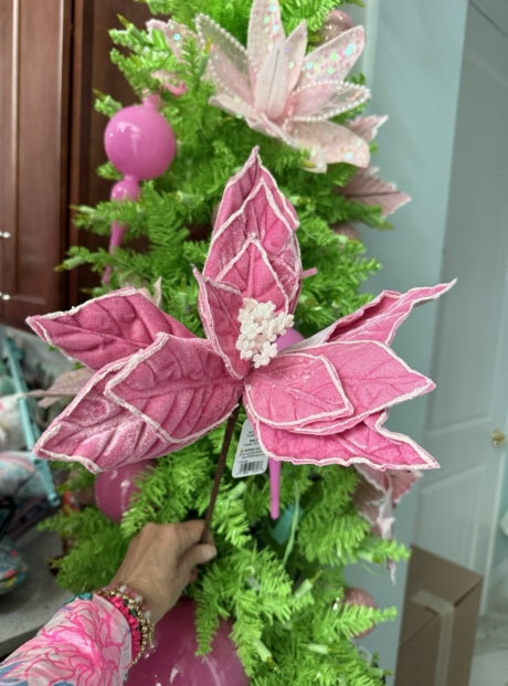 22" Pink Glitter Trim Poinsettia Stem-Set of Four