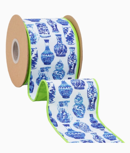 Wired Dupioni Chinoiserie Blue & White Ribbon 4" X 10 yds