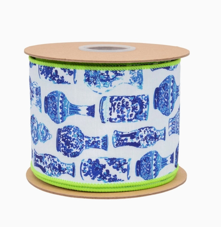 Wired Dupioni Chinoiserie Blue & White Ribbon 4" X 10 yds