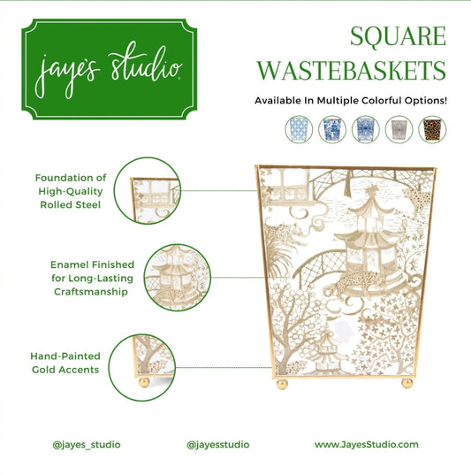 Garden Party Enameled White And Taupe Square Wastebasket