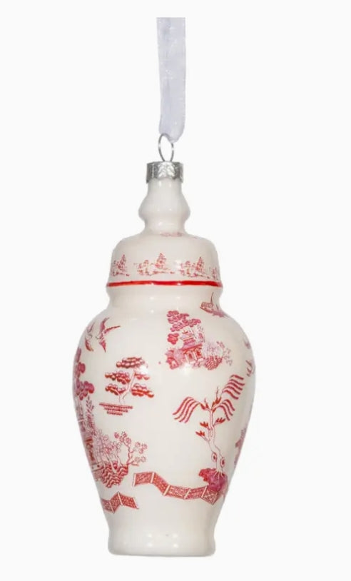 Red & White Pagoda Scene Ginger Jar Ornament: Set of 2