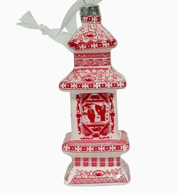 Red & White Chinoiserie Pagoda Ornament: Set of 2