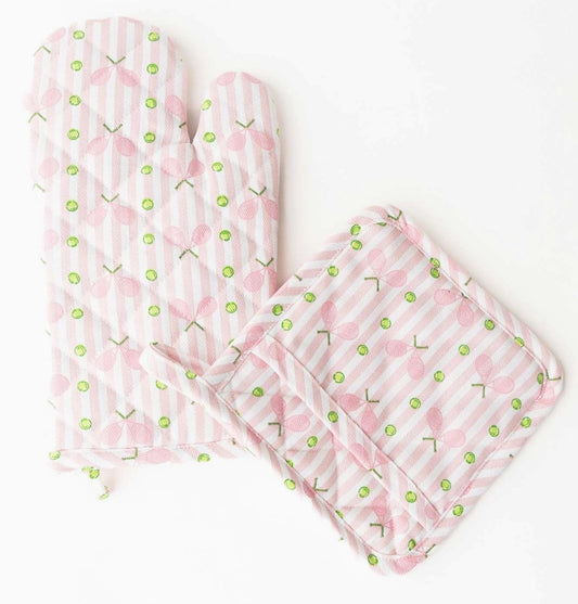 Pink Tennis Stripe Oven Mitt Set
