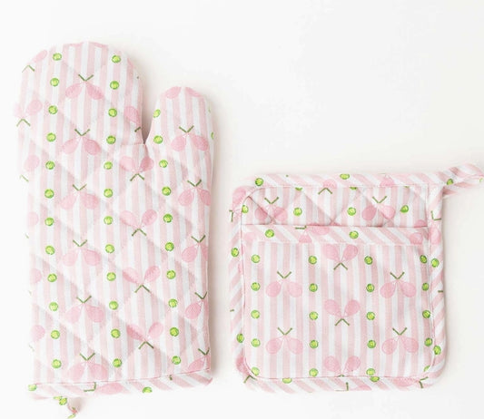 Pink Tennis Stripe Oven Mitt Set