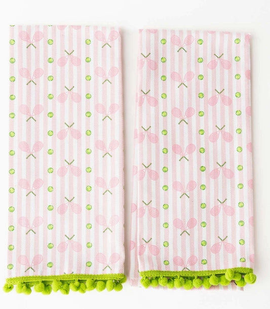 Pink Tennis Stripe Pom-Pom Kitchen Towel Set