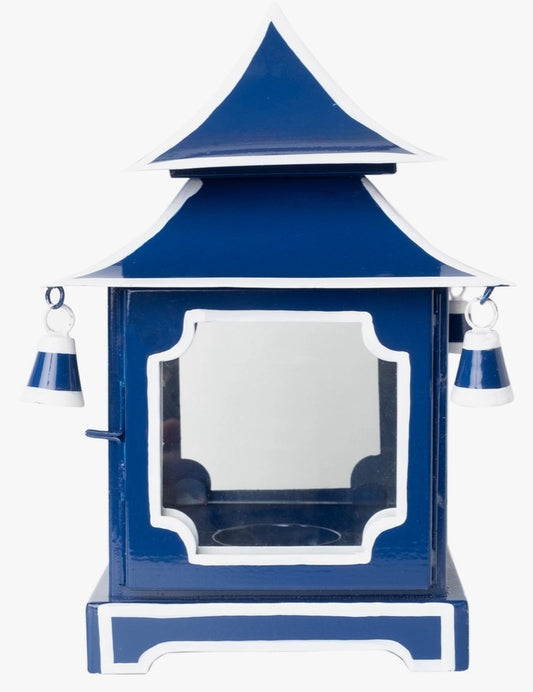 Pagoda Hurricane Lantern In Navy With White Trim