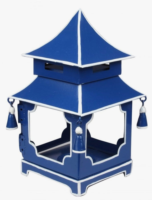 Pagoda Hurricane Lantern In Navy With White Trim