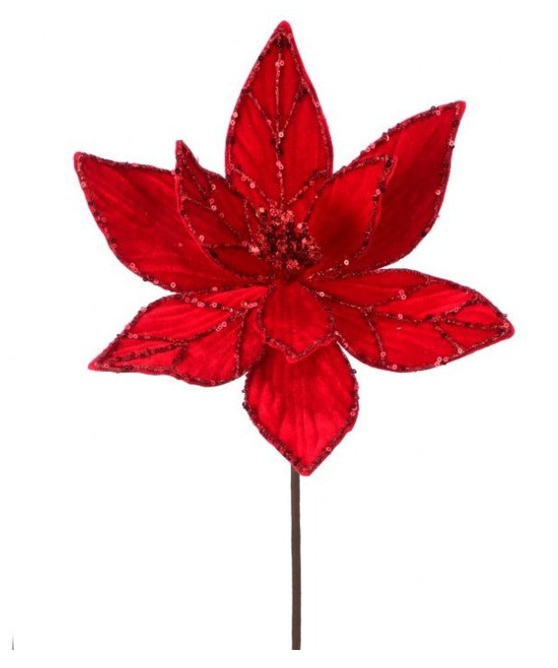Red Glitter Veined Velvet Poinsettia Stem