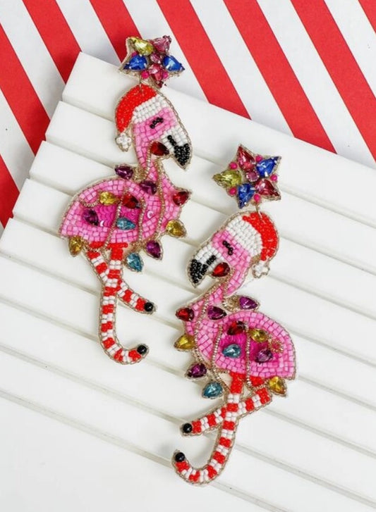 Glitzy Christmas Flamingo Beaded Dangle Earrings