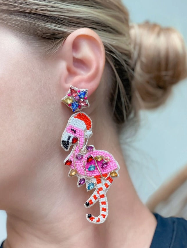 Glitzy Christmas Flamingo Beaded Dangle Earrings