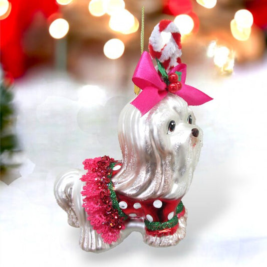 Glass Shih Tzu in Candy Cane Outfit Ornament