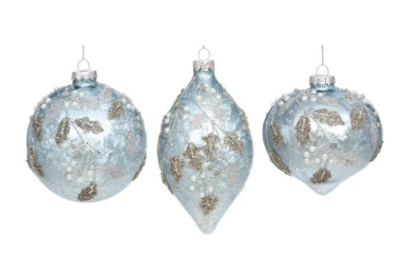 Pearl and Glitter Blue Ornaments: Set of Three