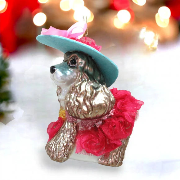 Glass Cocker Spaniel Wearing Hat Ornament