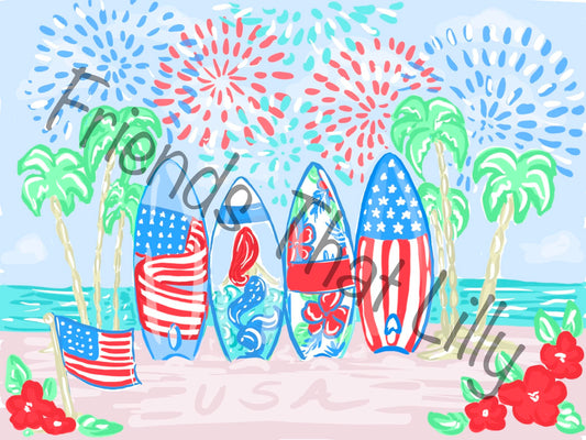 Women's T-shirts: Patriotic Surfboards w/ Fireworks