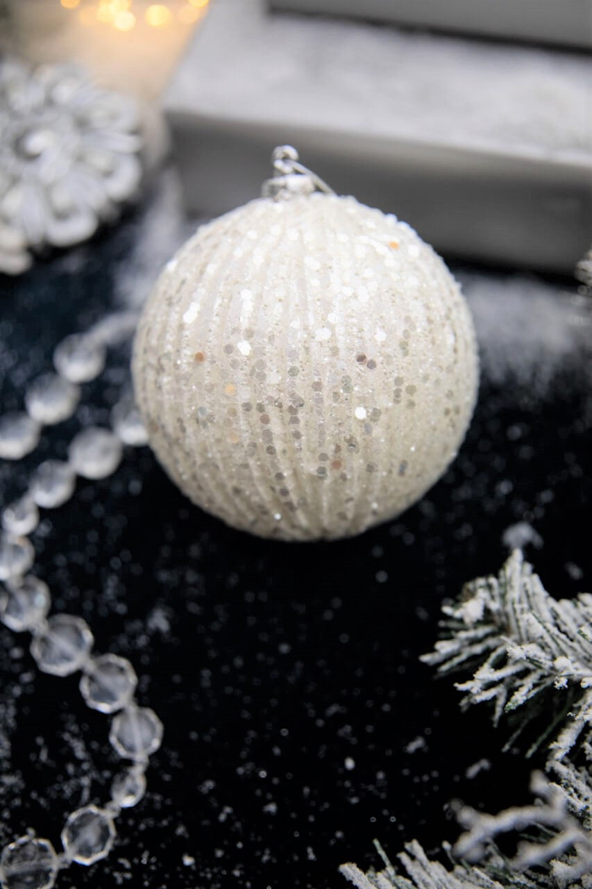 5" White Beaded Metallic Ridged Ball Ornament