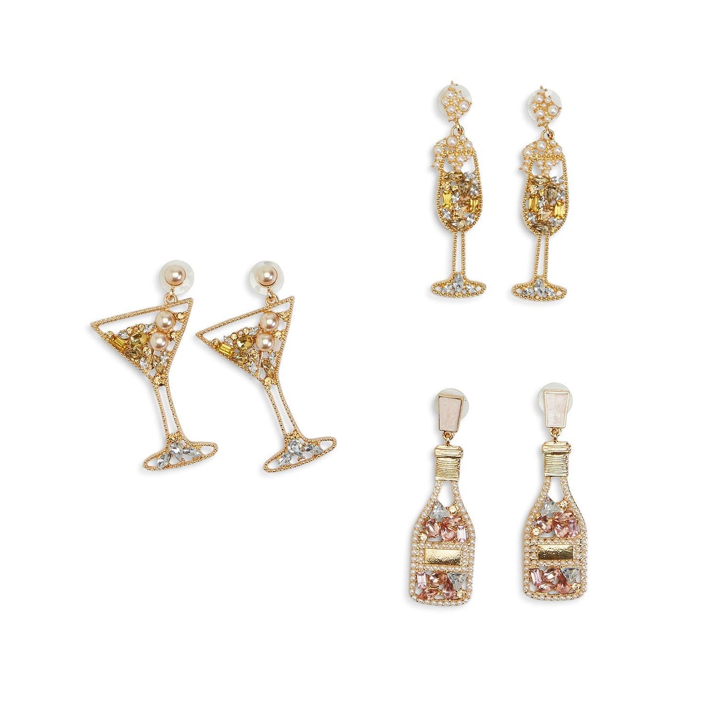 Crystal Embellished Earrings In Assorted Designs: Champagne Bottle, Champagne Glass, Martini Glass